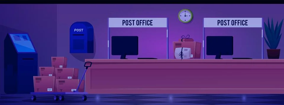 Vector illustration of post office room interior at night. 스톡 일러스트