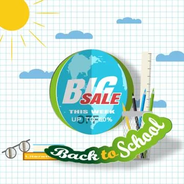 Vector illustration of poster Back to school big sale with earth label and cu Stock Illustration