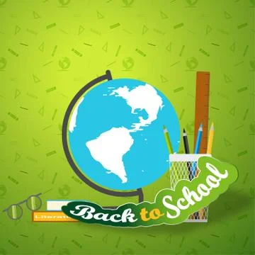 Vector illustration of poster Back to school with globe, books, glasses and c Stock Illustration