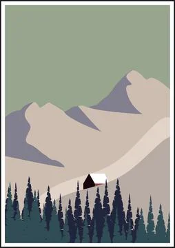 Vector illustration. Poster with mountain landscape and house in flat style.. Stock Illustration