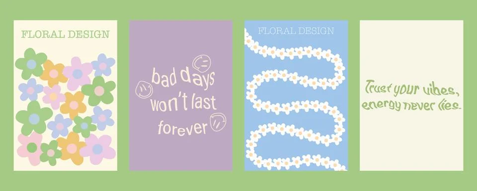 Vector illustration. Posters in a trendy style y2k with flowers, emoticons and Illustrazione stock