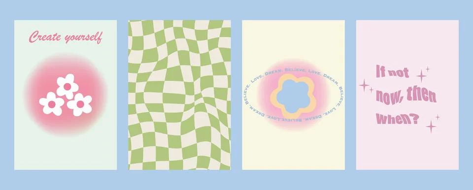 Vector illustration. Posters in trendy style y2k with checkerboard, flowers Stock Illustration