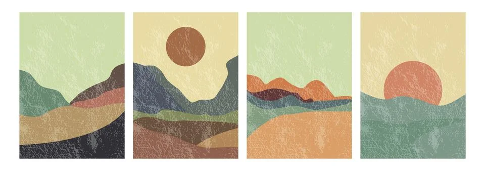 Vector illustration. Posters with views of mountains, hills, sun and moon. Flat Stock Illustration