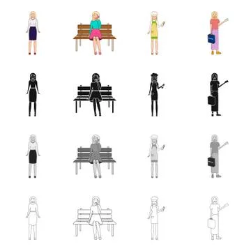 Vector illustration of posture and mood icon. Set of posture and female stock Illustrazione stock