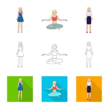 Vector illustration of posture and mood icon. Set of posture and female stock Illustrazione stock