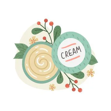 Vector illustration of a pot of face cream with botanical decor. Beauty Indus Stock Illustration