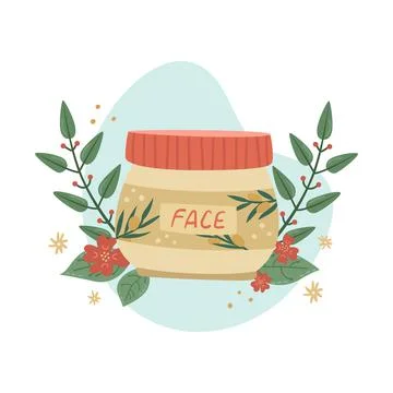 Vector illustration of a pot of face cream with botanical decor. Beauty Indus Illustrazione stock
