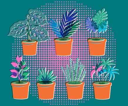 Vector Illustration of Potted Houseplants in Risograph Texture Style 库存插图