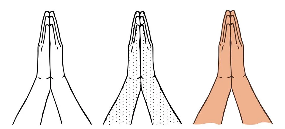 Vector illustration of praying hands in different styles isolated on white ba Stock Illustration
