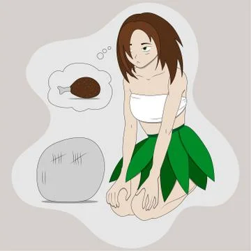 Vector illustration of a primitive anime style girl with a palm leaf skirt an Stock Illustration