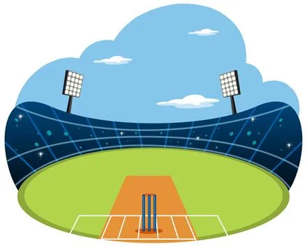 Vector Illustration of a Professional Cricket Stadium with Pitch and Wickets Stock Illustration