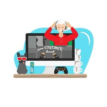 Vector illustration of professional game streamer playing online. Blogger Stock Illustration