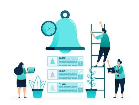 Vector illustration of Program time reminder alarms in mobile apps. plan noti Stock Illustration