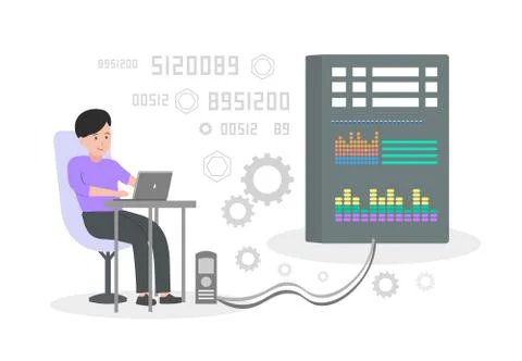 Vector illustration of a programmer working with a server. 库存插图