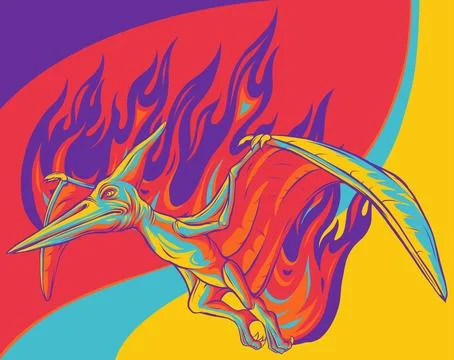 Vector illustration of pterosaur with flames on white background Stock Illustration