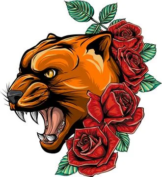 Vector illustration of puma head with roses Stock Illustration