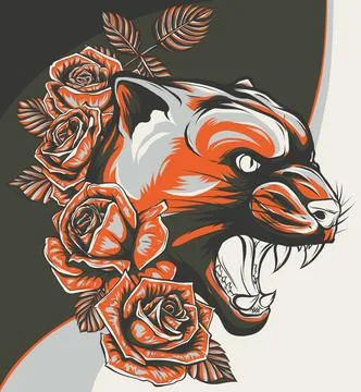 Vector illustration of puma head with roses 스톡 일러스트