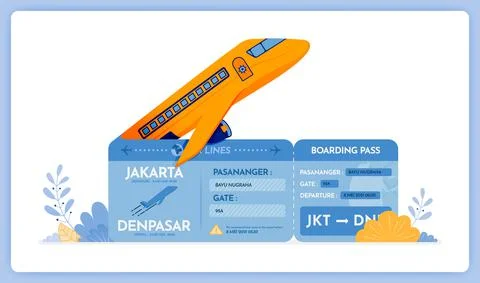 Vector illustration of Purchase vacation flight tickets from Jakarta to Denpa Stock Illustration