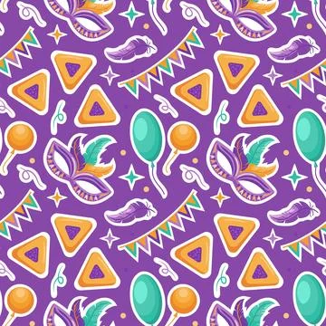Vector illustration for Purim featuring a seamless pattern of hamentashen, .. Stock Illustration