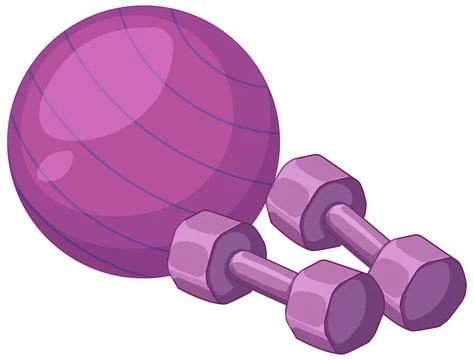 Vector illustration of a purple exercise ball and two dumbbells isolated on w Stock Illustration