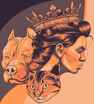 Vector illustration of Queen of death with dog and cat head Stock Illustration