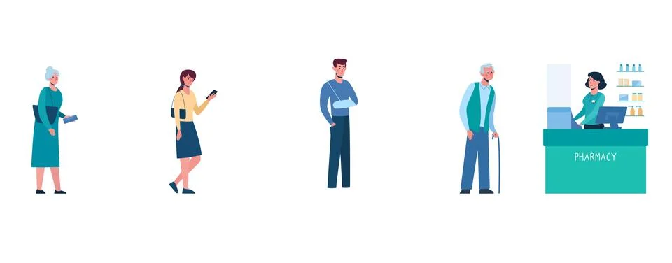 Vector illustration of a queue in a pharmacy, safe social distance. Several Stock Illustration