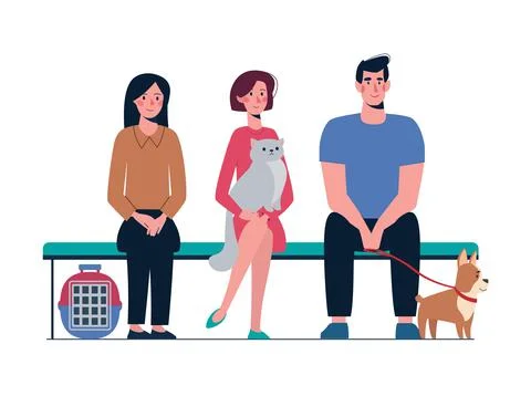 Vector illustration Queue to the veterinary clinic. People with pets are waiting Illustrazione stock