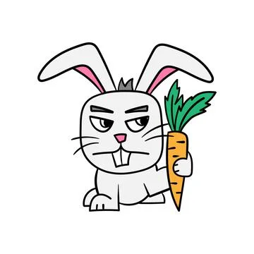 Vector illustration of a rabbit with a carrot. Angry or cunning rabbit. Cartoon Stock Illustration