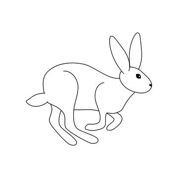 Vector illustration of a rabbit landing after a jump. Black outline hare on a Stock Illustration