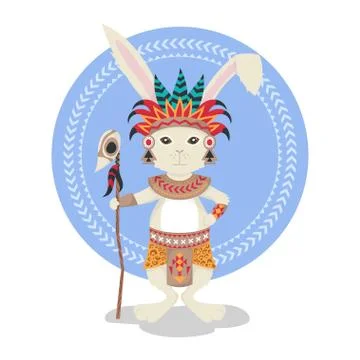 Vector illustration of rabbit or bunny shaman. Feathers, ceremonial clothes.  Stock Illustration