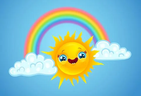 Vector illustration of a rainbow with clouds and sun in kawaii style. Stock Illustration