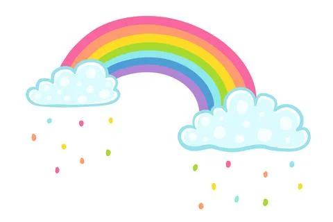 Vector illustration of a rainbow with clouds in kawaii style. Vector clouds.. Иллюстрация