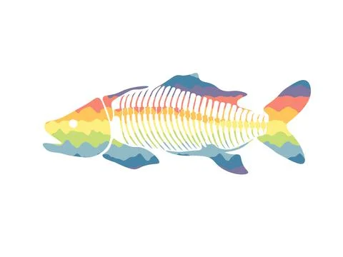 Vector illustration with rainbow fish skeleton isolated on a white background. Illustrazione stock