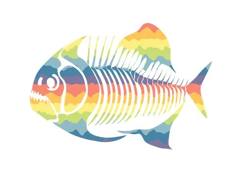 Vector illustration with rainbow fish skeleton isolated on a white background. Stock Illustration