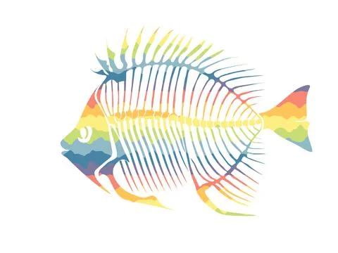 Vector illustration with rainbow fish skeleton isolated on a white background. 스톡 일러스트