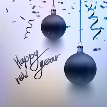 Vector illustration realistic dark blue Christmas toy, ball, confetti, sparkles. Stock Illustration