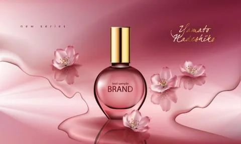Vector illustration of a realistic style perfume in a glass bottle on a pink Illustrazione stock