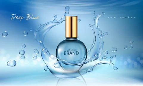 Vector illustration of a realistic style perfume in a glass bottle on a blue 스톡 일러스트
