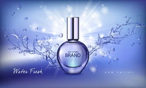 Vector illustration of a realistic style perfume in a glass bottle on a blue Ilustración de archivo