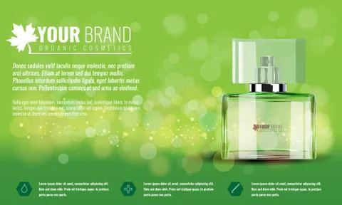 Vector illustration of a realistic style perfume in a glass bottle on a green 스톡 일러스트