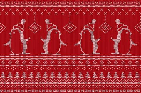 Vector illustration of red and white colored knitted pattern with penguins 스톡 일러스트
