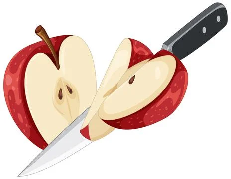Vector Illustration of a Red Apple Sliced in Half with a Kitchen Knife Stock Illustration