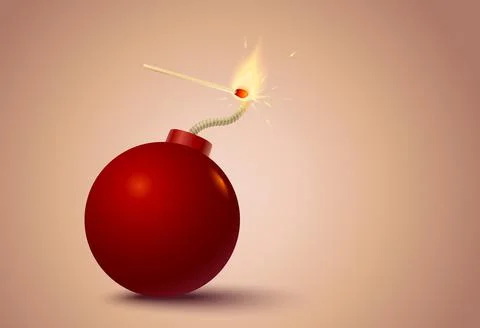 Vector illustration of a red bomb and match in fire and sparks. Bomb with mat Stockillustratie