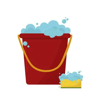 Vector illustration of a red bucket with foam and a yellow sponge. For cleani Illustrazione stock