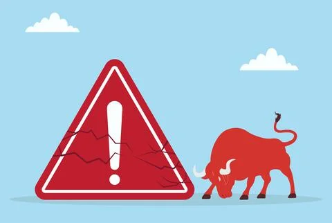 Vector illustration of a red bull breaking a warning sign Illustrazione stock