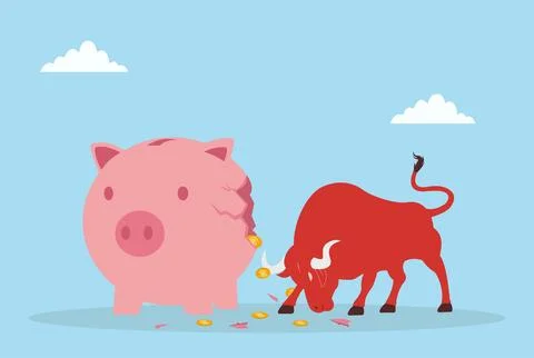 Vector illustration of a red bull breaking a piggy bank Stock Illustration