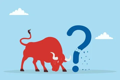 Vector illustration of a red bull breaking a large question mark Stock Illustration