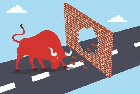 Vector illustration of a red bull lumping and breaking a brick wall Stock Illustration