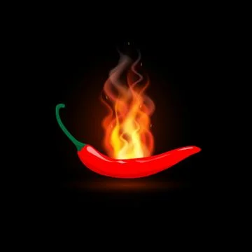 Vector illustration of red chilli pepper with burning flame on black backgrou Stock Illustration