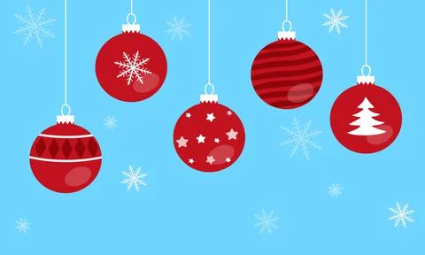 Vector illustration with red Christmas balls and snowflakes on blue backgroun Stock Illustration
